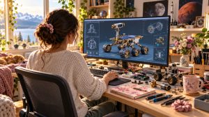 Young woman designing a rover at her workstation, with partially assembled electronics and mechanical parts on the desk.